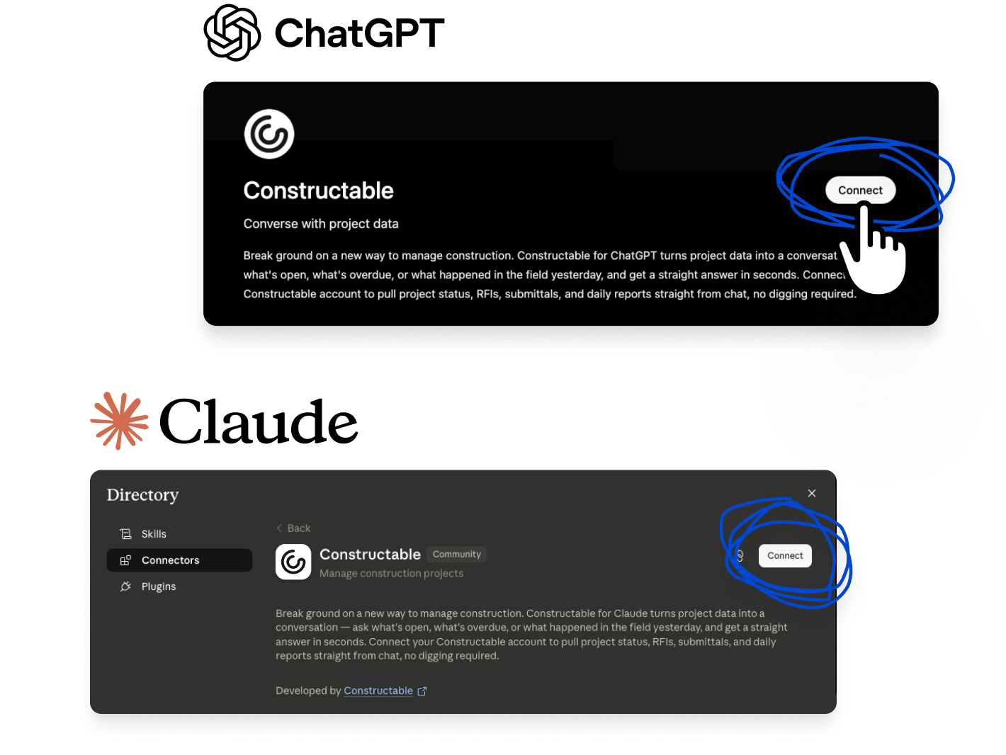 Constructable ChatGPT plugin and Claude connector