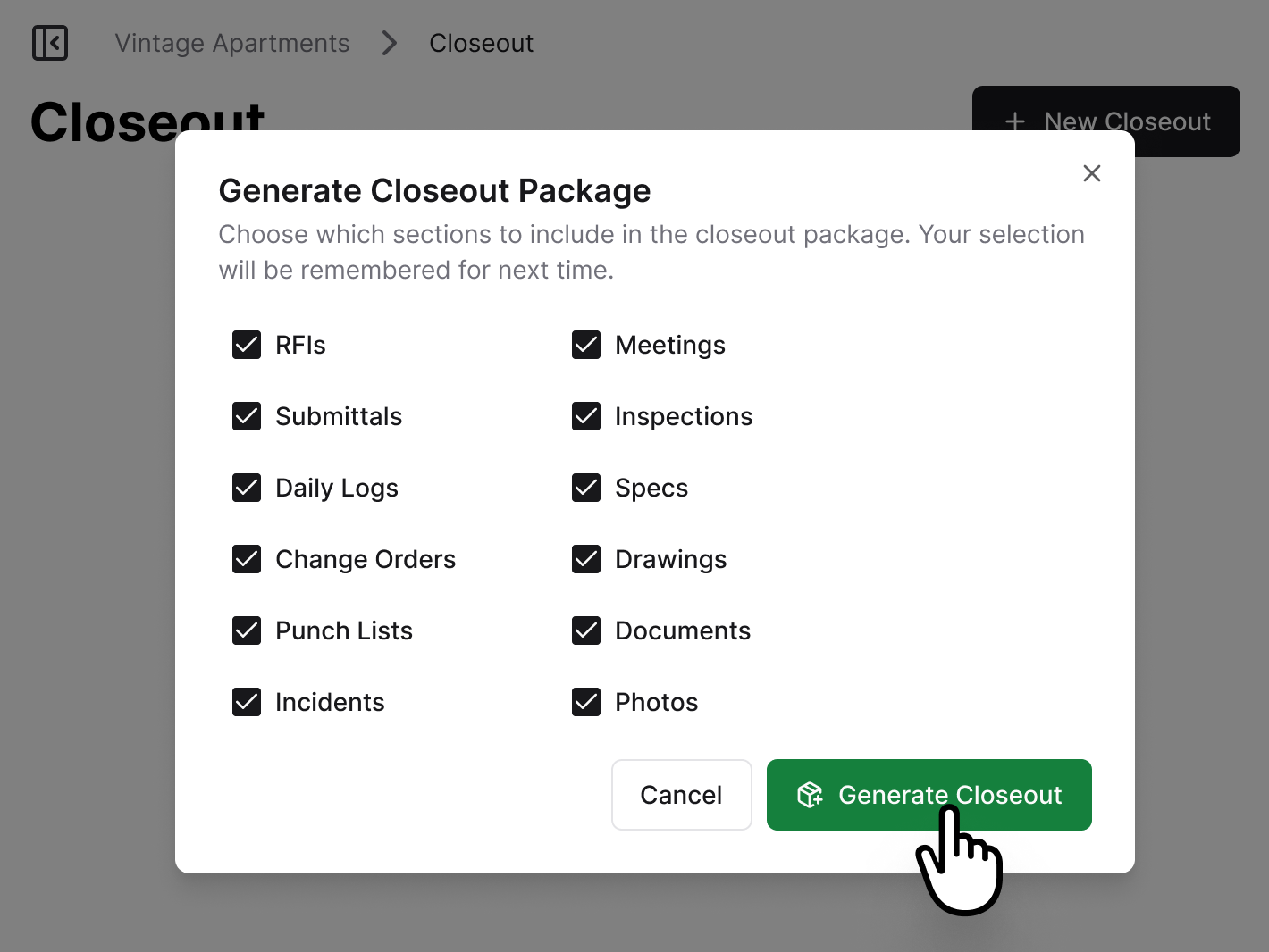 A screenshot of Constructable's closeout package generator, where users can select project data including RFIs, submittals, daily logs, change orders, punch lists, incidents, meetings, inspections, specs, drawings, documents, and photos to download together in a single closeout package.