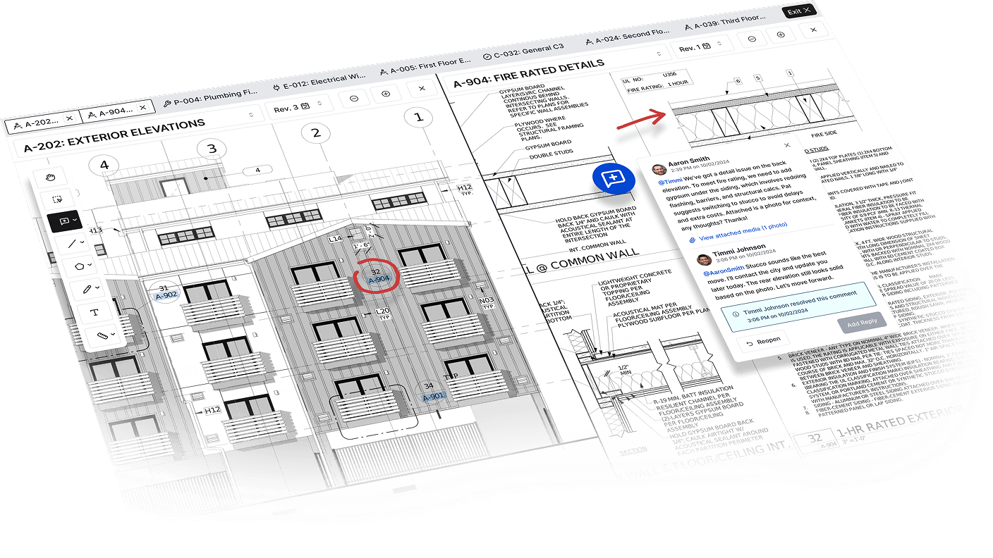 Constructable's drawing viewer interface showing split-screen comparison of two construction drawings with markups, annotations, and pinned comments for real-time collaboration with team members, consultants, and subcontractors.