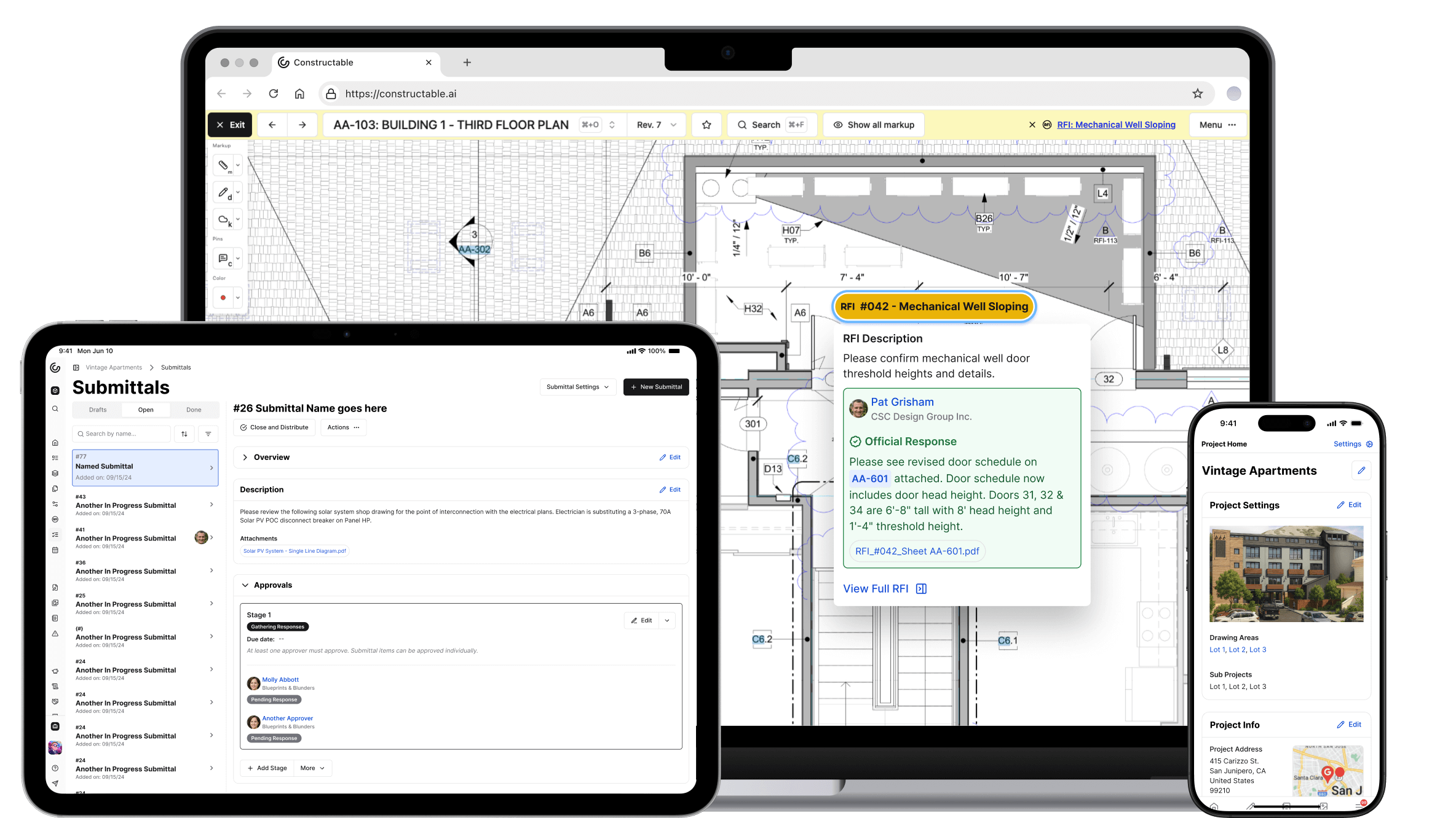 An image showing Constructable's project management features running on a latop, tablet, and smartphone—each one showing a different project management feature. The laptop is showing an RFI pinned to a drawing sheet, the tablet is showing the Submittals feature, and the smartphone is showing the Project Homepage/ Each screen is simple, clear and easy to read regardless of device, highlighting the fact that Constructable is a versatile tool ready for use on any device that project managers prefer, whether they are in the field or in the office.